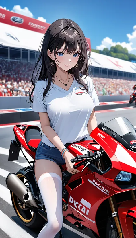   top quality、 Ultra-high precision 、Detailed view、  vibrant colors、Alone、 beautiful girl 、Age 30、A modern racing course 、 Racing Bike、 ducati panigale、 asphalt、 blue sky、cloud、  striped bikini  、sheer v-neck t-shirt、White Knee Length Tights 、Sponsor logos...