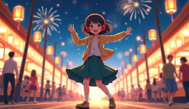 "An anime-style illustration of a young girl wearing headphones, dancing joyfully on a brightly lit train station platform during a festival night. Colorful lanterns and decorations hang across the station, and fireworks burst in the starry sky above. She’...