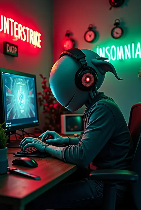 a humanoid allien with large headphones  ,  addicted to computer games full of sleep with giant, striped eyes .  On one wall a neon sign saying COUNTERSTRIKE COMMUNITY in red and another on another wall saying INSOMNIA in green  .  on the computer saying M...