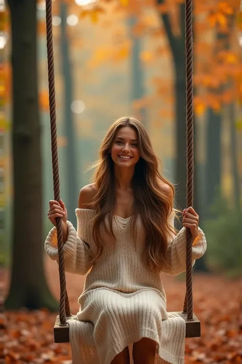 A beautiful woman with long hair is sitting on a swing in the autumn forest and smiling. Her dress is knitted.