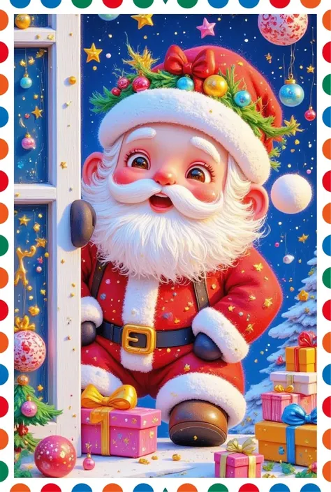 A cute Santa Claus peeking out of the door, in the style of Disney Pixars cartoon style, 3D rendering, high resolution, high quality, high detail, very detailed, colorful background, red and white , cute eyes, happy expression, big smile, bright colors, br...