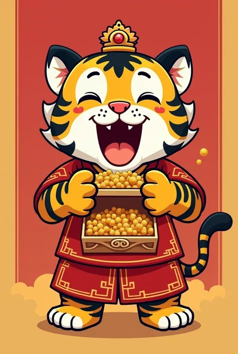 Cute tiger holding hands grasping treasure and roaring loudly、small frame outline , Small、Fictional Character 、icon、Tiger anthropomorphism,god of wealth, Red Chinese Costume