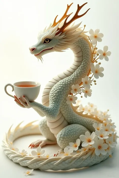 お茶の入った湯呑みを持つ、 A beautiful dragon wearing lots of jasmine flowers holding a teacup filled with tea。
 has a white background