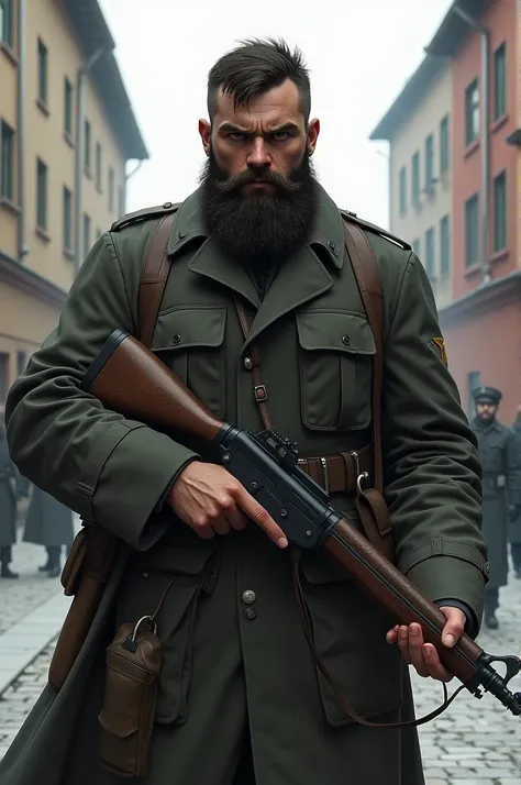 Juwish solder angry young man with beard in square Moscow