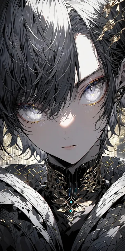 Stylish anime portrait, young man, short dark hair, light-gray eyes, sophisticated dark-colored outfit, intricate metallic geometric patterns, high-detail painterly style, metallic silver and gray coat with intricate design elements, dramatic circular halo...