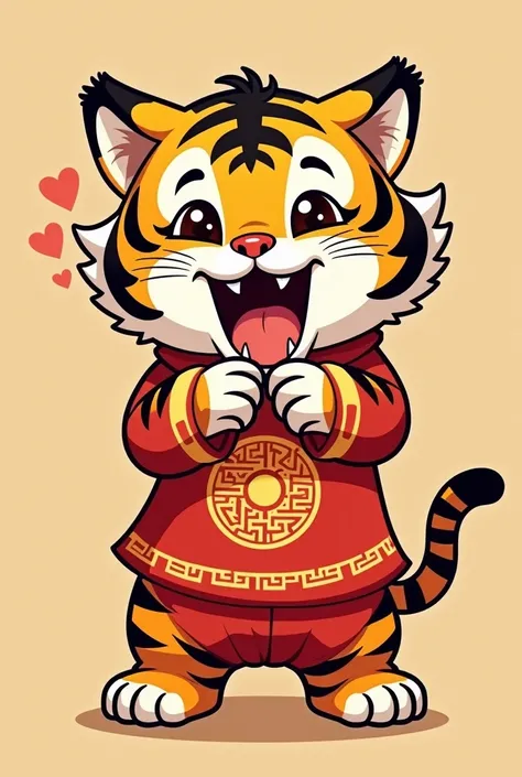  Cute Tiger with Hands Clutched and Roared Loudly、Cheung Tooth Claw ,small frame outline , Small、Fictional Character 、icon、Tiger anthropomorphism,god of wealth, Red Chinese Costume