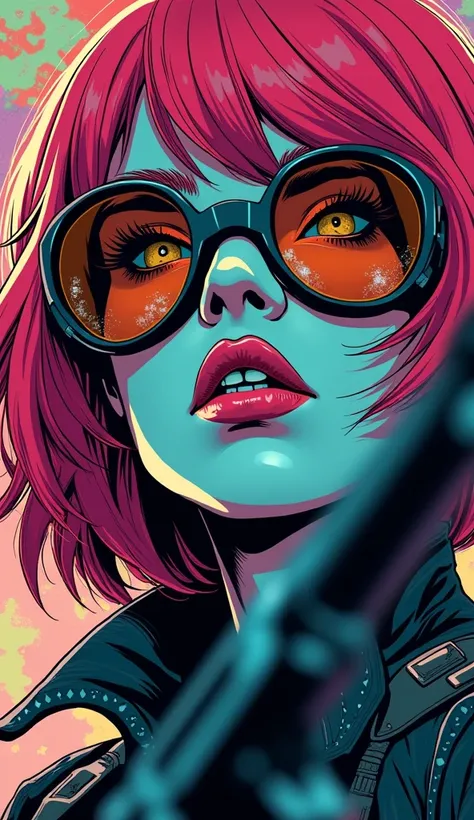 Super close up, 5th Element, Bounty hunters, wanted poster, cyber girl, sniper, cyberpunk, cybernetic, graffiti, neon, poster, modernism, super colourful pop-art, colours, screen printed, vibe, close up, forced perspective, tilt shift, urban art, futuristi...