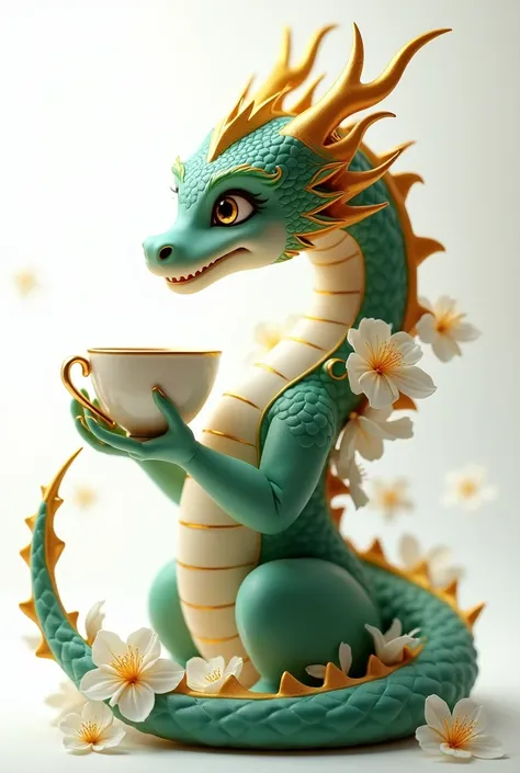 お茶の入った湯呑みを持つ、 A beautiful dragon wearing lots of jasmine flowers is facing the front and smiling。
 has a white background