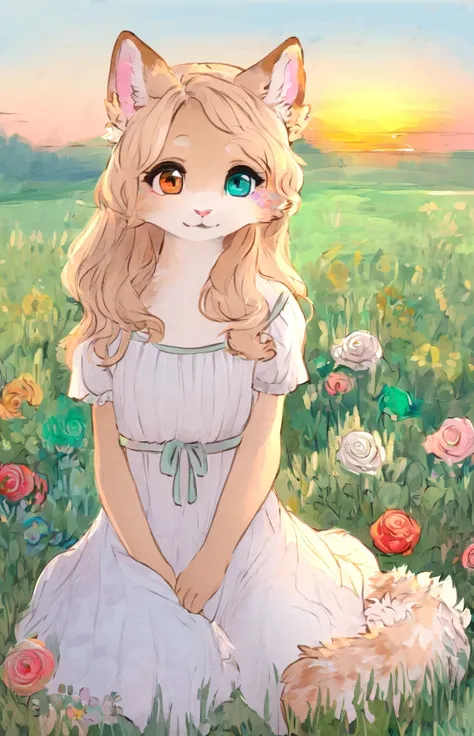 digital art, watercolor artstyle, simple artstyle,  anthropomorphic Felid, female, Rosy blond pelt, marbled pelt markings, white tipped tail, she is a late bloomer, heterochromia, left eye is sunlit blue and right eye is emerald green, she decorated her le...