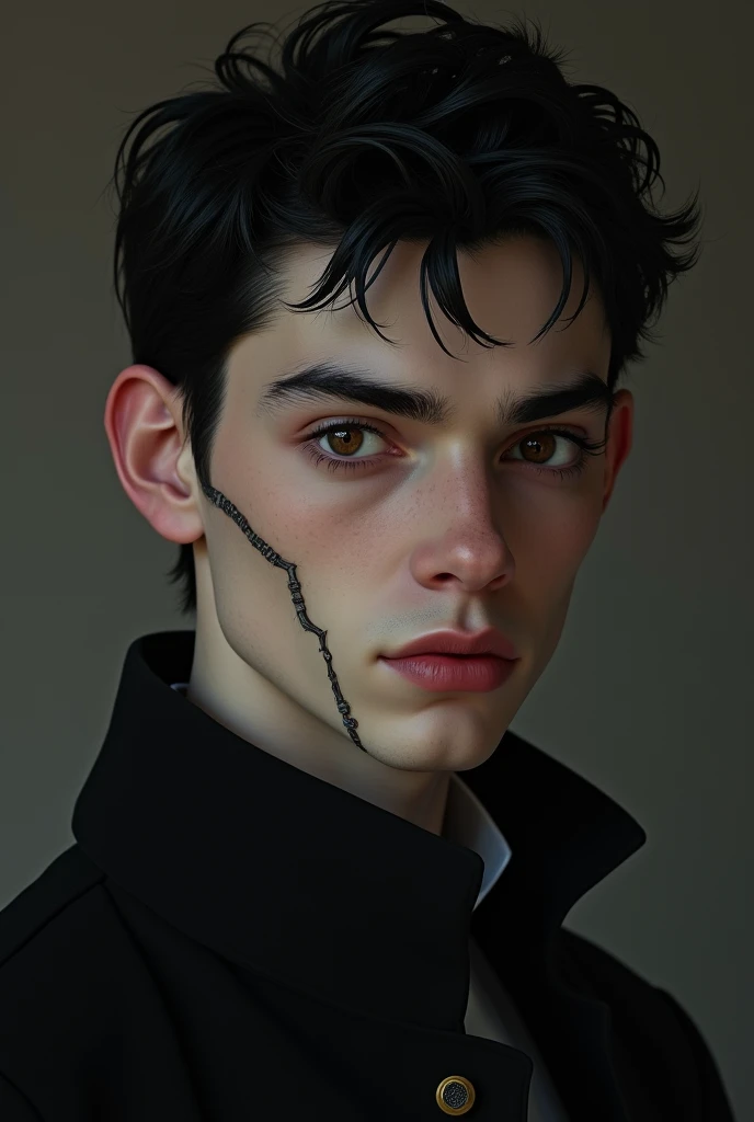 He has short black hair.  He has dark brown eyes.  The face is round and has sharp cheeks and chin, and the nose head is high.  He has thin and arched eyebrows.  He has a charming and mysterious and dark vibe and white skin.  He is 20 years old. He is brit...