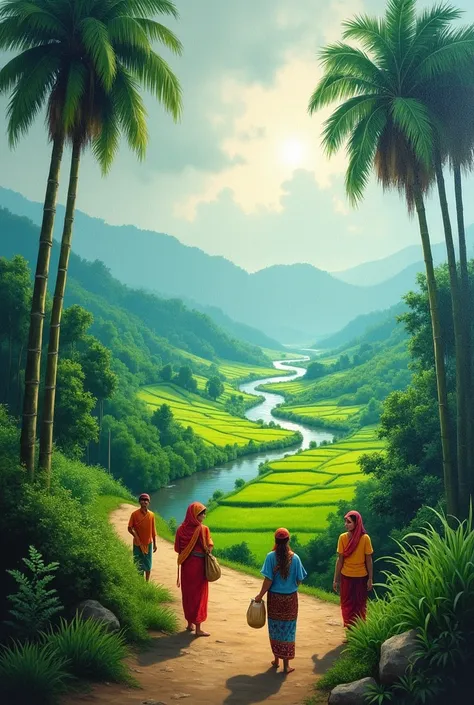 Give  a beautiful monsoon season painting there should be Bangladesh things 
