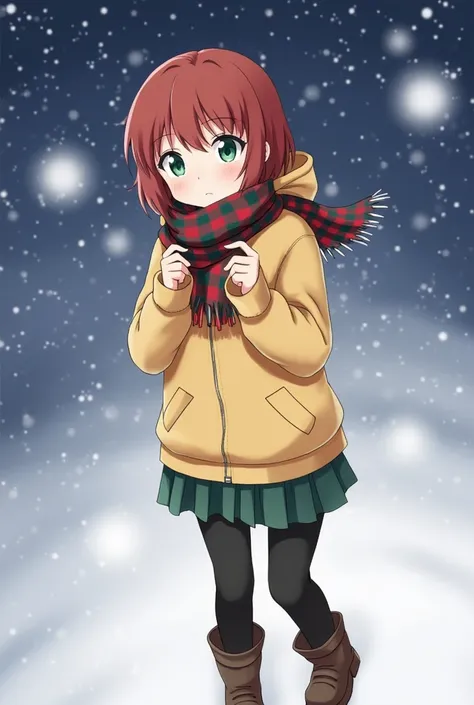  1 girl in uniform,  high definition ,  shortcuts,  bob hair, mustard colored hoodie that warms both hands ,Reddish brown hair,Emerald green eyes, character design drawing, outside,winter,Snow Scene, I have a green and red checked scarf wrapped around my n...