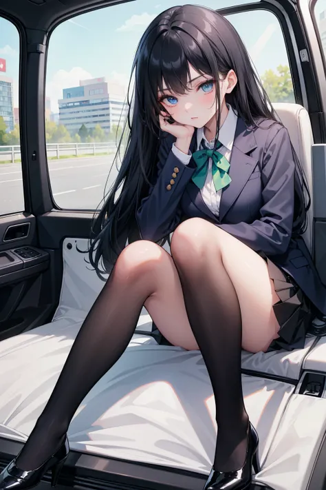 High school students ， already, Black Hair ， With warm blue eyes ， Wore a brand new blue suit and black heels ， Pure white collar and bright green bow 。 has long Black Hair and warm blue eyes ， Lean back in the car seat ， Pose Alluring , spread legs , lowe...