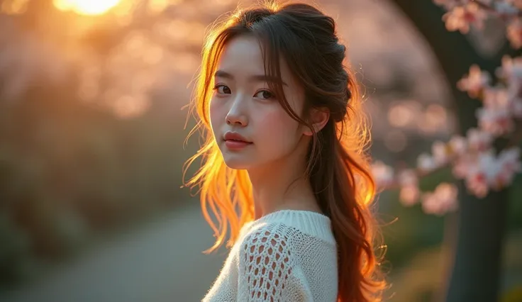 8K A Ajian beautiful, cute, real slim fit pretty body with White Knit sweater color is white and hair color are orange and brown and yellow mixed hair skin color is white beautiful stylish cafe, turn fully backward and looking fully backward in a Morning l...