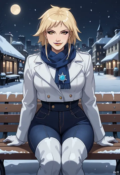 , (best illustration), (best shadow), (detailed background) Killer Frost, smiling, white coat, blue jeans, white boots, blue scarf, sitting on a bench, Gotham City, night, winter, snow, looking at viewer, yellow lipstick, solo, 1 woman, focus on waist up