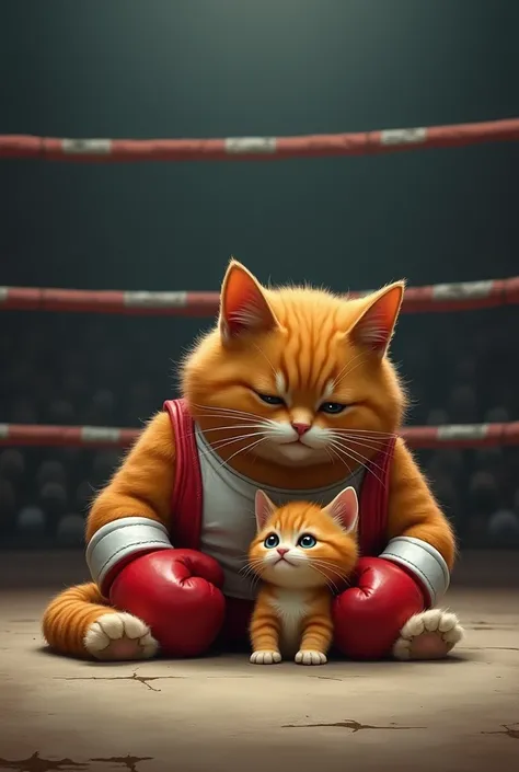 A ginger cat daddy in a boxer outfit is lying passed out in the ring and a tiny fluffy ginger kitten is crying next to him in the ring 