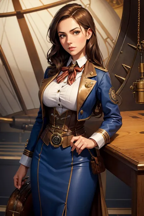 A female steampunk stewardess aboard a blimp airship