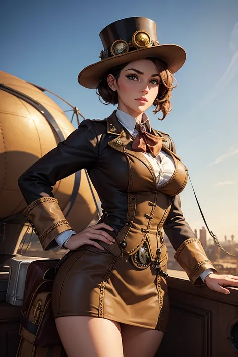 A female steampunk stewardess aboard a blimp airship