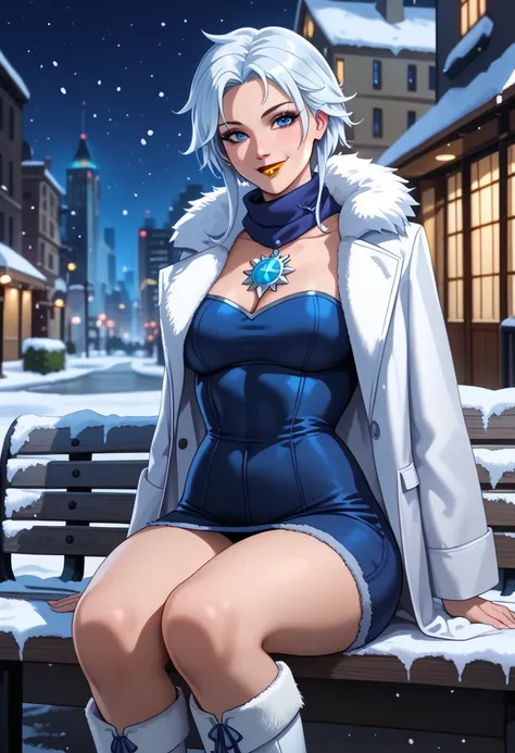 , (best illustration), (best shadow), (detailed background) Killer Frost, smiling, white coat, blue jeans, white boots, blue scarf, sitting on a bench, Gotham City, night, winter, snow, looking at viewer, yellow lipstick, solo, 1 woman, focus on waist up