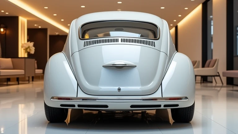 Create an image of the (2025Volkswagen Beetle )  white standing in a luxurious showroom back side view