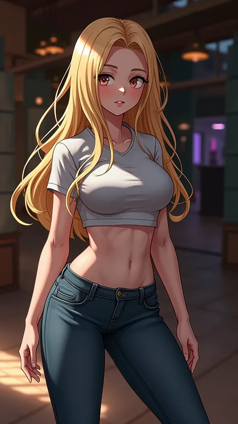 Physically fit adult woman with long blond hair and big breasts anime version