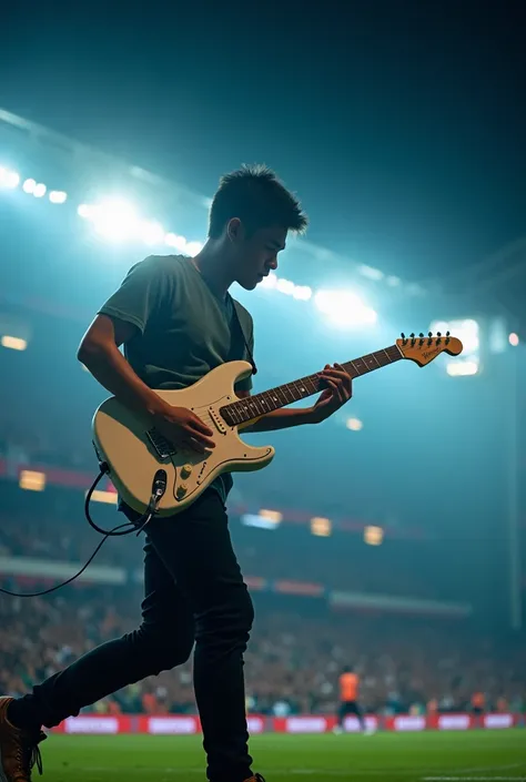 Indonesian man 25 years old  . Playing electric guitar in white color of the brand Ibanez. The atmosphere of the football stadium . With stadium lighting  .  night atmosphere 