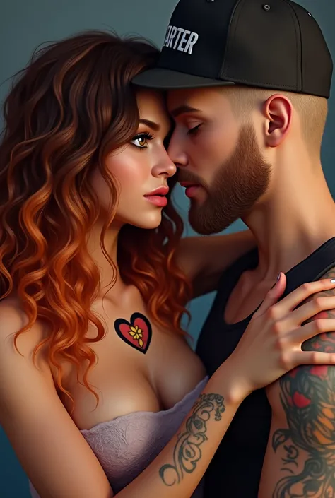  Generates a woman with long curly hair with brown roots and medium to pointed orange hair,  honey-colored eyes ,  with a very large heart tattoo in the middle of his chest , hibiscus on the left shoulder , beautiful lips .
 Kissing her blond but bald boyf...