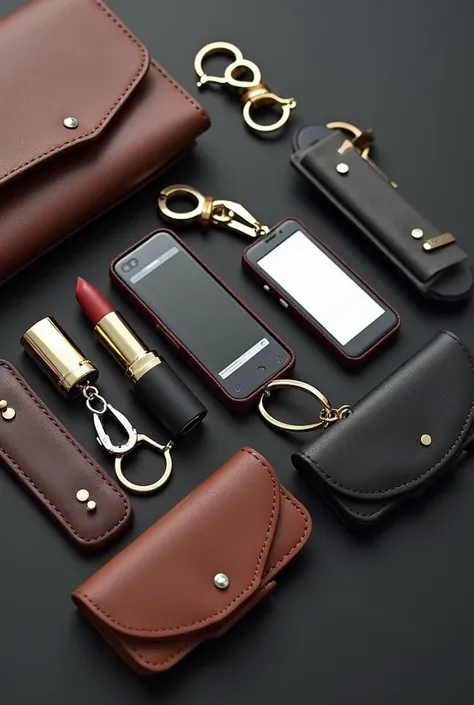  a multifunctional keychain with a lipstick holder, Air tag holder and a fashionable and elegant leather mirror