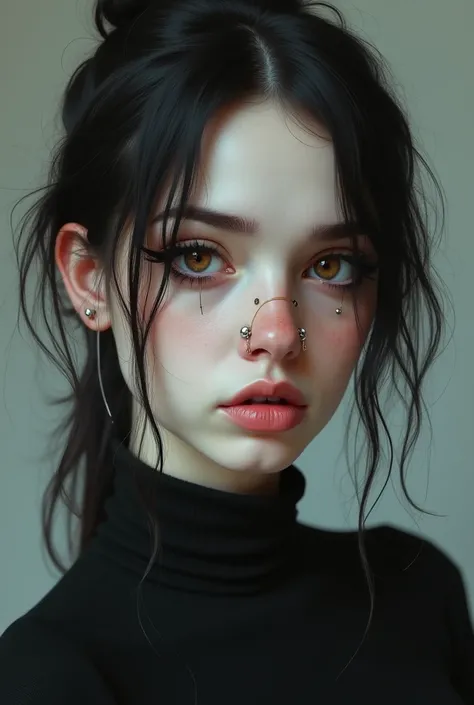 20 year old girl with a huge sharp nose, pale and with brown downturned almond eyes. She wears eyeliner and black clothes. She has a nose, lip and eyebrow piercing. It looks like a photograph