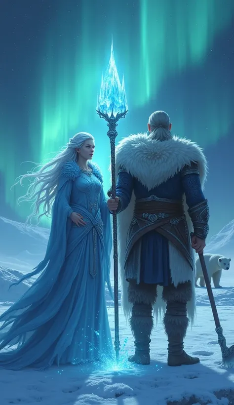 Prompt 4:
A pale woman with snow-white hair and sapphire robes, holding a magical staff glowing with icy energy. Beside her, a Viking prince stands in fur-lined armor, gripping a heavy ax. Behind them, a majestic polar bear with crystal-like fur stands tal...