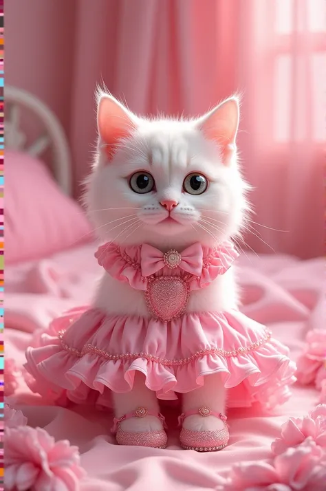 Cat in pink dres pink room pink shoes Pink jewelry pink bed every thing is pink color 
