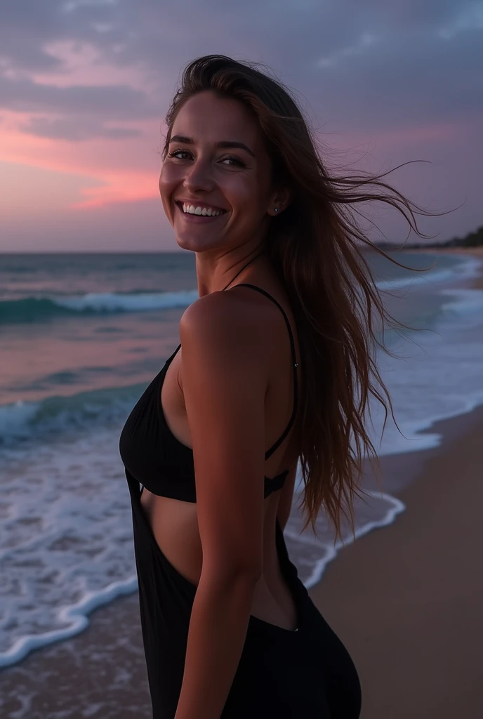 "Create a captivating visual of a woman standing along a sandy beach at dusk. She has a radiant smile, with her face clearly visible and illuminated by the soft, fading light. Her long, flowing hair sways gently in the wind. She is wearing a flowing Black ...