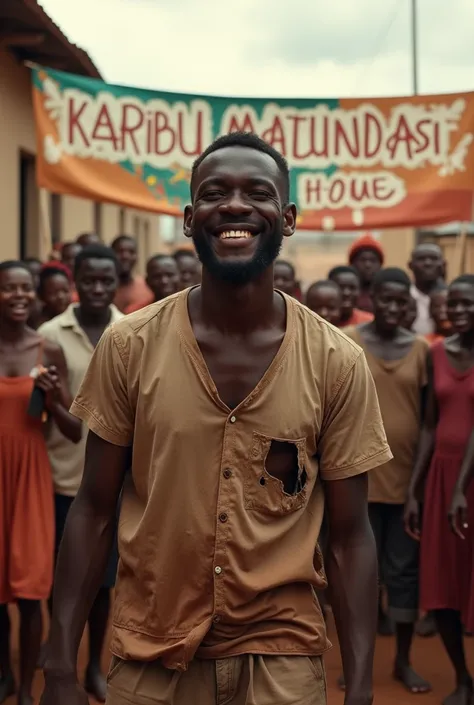 people fully welcoming a african person who has been missing for a long time. The young man looks disheveled, wearing torn clothes, and appears in a rough state. The people are holding banners that read Karibu Matundasi  The atmosphere is filled with happi...