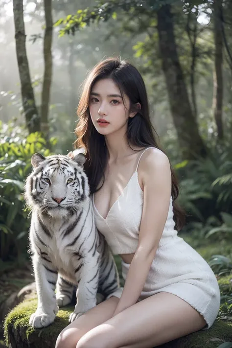 A close-up depiction of a young, beautiful woman with long, flowing hair, standing in a misty, dense forest. She wears an outfit resembling white tiger fur, intricately detailed with soft textures that reflect its natural pattern. Her expression is calm ye...