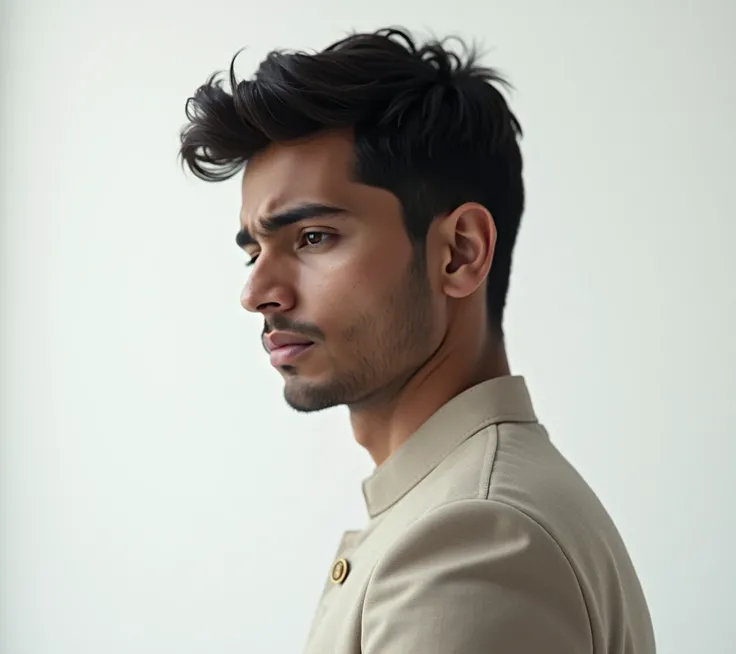 create a 2/3 view of very young , fair & handsome indian groom with sad expression on his face , looking at camera , 2/3 view of that man , hyper realistic , white background , full body view , , realism , realistic