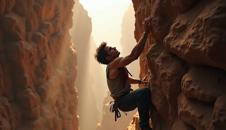 Escape and Climb
Script:
“With one arm and sheer determination, Aaron climbed out of the canyon, battered but alive.”
Visual Idea:
Aaron scaling a rocky wall with his remaining arm, blood visible on his shirt, as sunlight streams in from above.