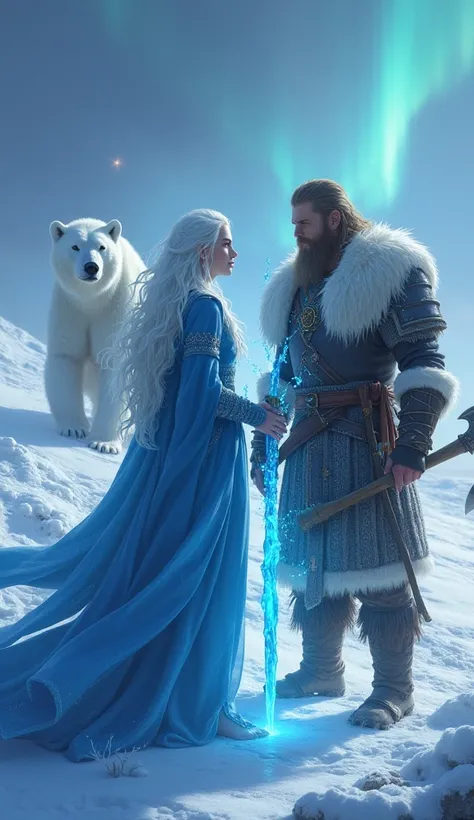 Prompt 4:
A pale woman with snow-white hair and sapphire robes, holding a magical staff glowing with icy energy. Beside her, a Viking prince stands in fur-lined armor, gripping a heavy ax. Behind them, a majestic polar bear with crystal-like fur stands tal...