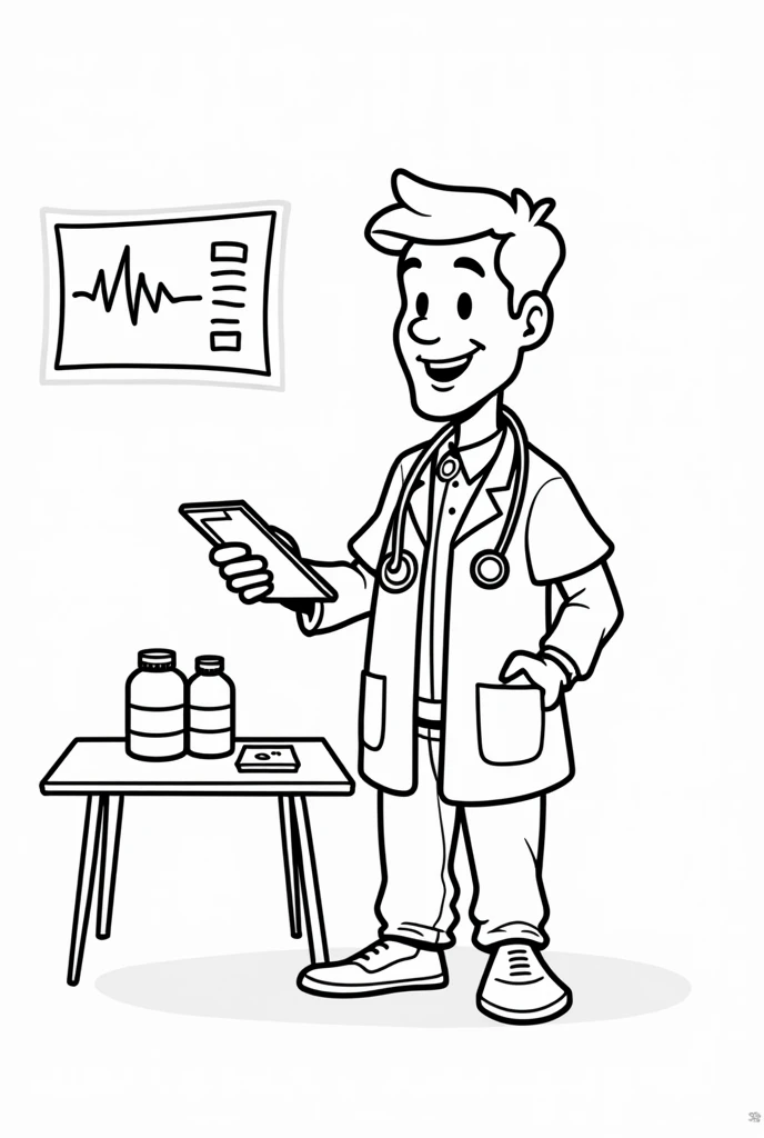 "A black-and-white cartoon illustration of a cheerful doctor holding a stethoscope, standing next to a table with medicine bottles and a clipboard. The background includes a simple medical chart and heartbeat symbol, designed for s to color."

