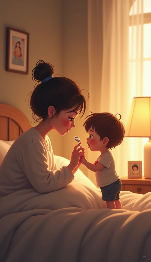 "A touching and tender scene set in a cozy, softly-lit bedroom where a baby boy is helping his sick mother take medicine. The mother, looking unwell yet grateful, is sitting up in bed, propped up by pillows. The baby boy, standing on the bed beside her wit...