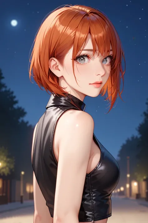 Jenna, 1woman, middle-aged, 40 years old, (scared face:1.3), surprised face,  detailed grey eyes, redhead, short hair, bob hairstyle, (black short fabric top), looking at viewer, (black leather vest:1.1), bare shoulders, Jennas clothes, (side view:1.2),  l...