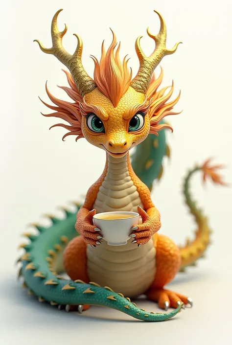 Facing directly、A beautiful dragon with a jasmine mane holding tea。
 has a white background。