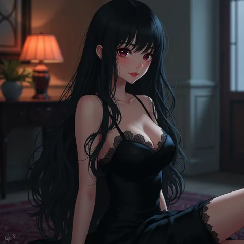 a woman in a black dress is posing in a room, an anime drawing by Jin Homura, pixiv, shin hanga, seductive anime girl, anime goddess, anime girl wearing a black dress, beautiful alluring anime woman, black - haired mage, succubus in tight short dress, reve...