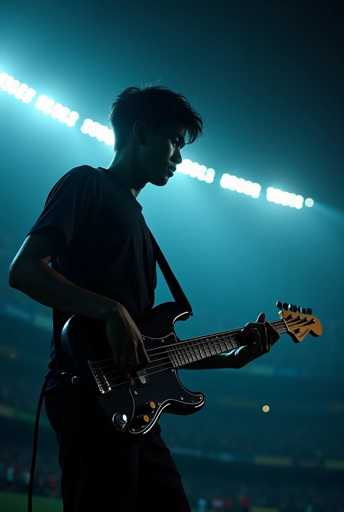 Indonesian man 25 years old  . Playing electric bass in black color from ibanez. The atmosphere of the football stadium . With stadium lighting  .  night atmosphere 