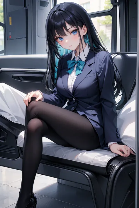 High school students ， already, Black Hair ， With warm blue eyes ， Wore a brand new blue suit and black heels ， Pure white collar and bright green bow 。 has long Black Hair and warm blue eyes ， Lean back in the car seat ， Pose Alluring , spread legs , lowe...