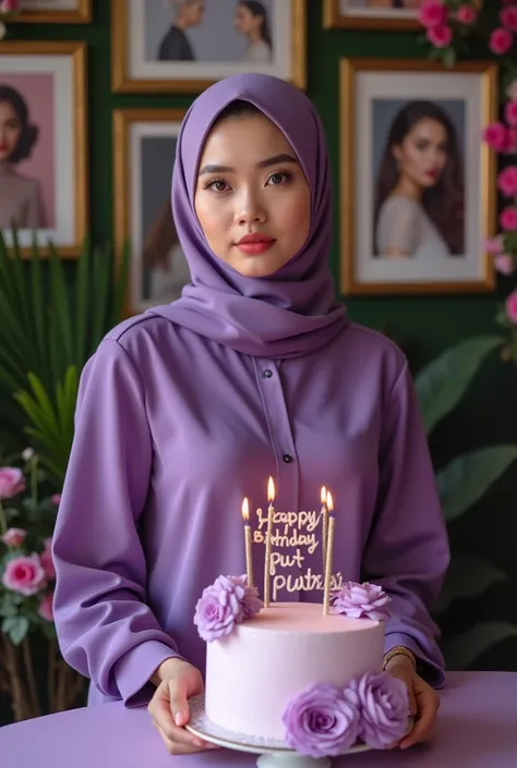 a 26 year old hijab woman, perfect eyes, Perfect skin, Long face, Soft headlights, perfect hands ,purple color party long dress and birthday cake with the text name "Happy birthday Put Putri" The background is a wall with framed photos of beautiful women, ...