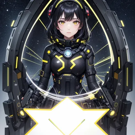 cover selected part onlyfrom future intelligence, technology background, complex mystery, unexpected variables, sudden result, strange things, transient waves, light fog, colorful signals, confident look, space black pioneer dress, yellow eyes, black hair