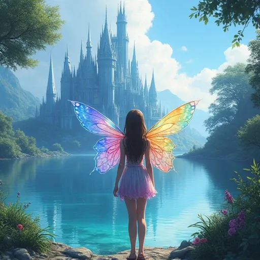 An anime fairy standing in front of a beautiful crystal castle,beautiful lake nearby,fantasy land,close view