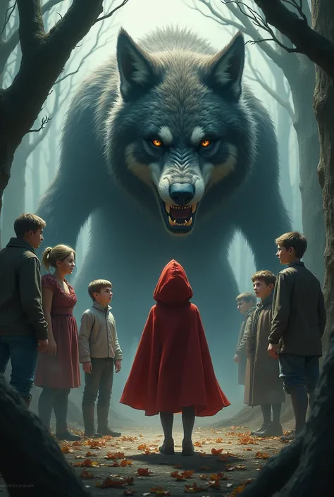 Scene of the Big Wolf with Little Red Riding Hood next to neighbors and friends