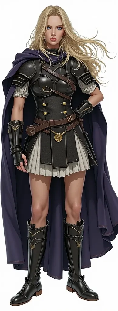 beautiful young woman in her early 20s who looks like an E-girl, blonde hair, blue eyes, perfect upturned nose, small waist, long wavy wind blown hair, large breasts, sultry look, black roman legionary armor, dark purple cloak, she is a praetorian guard