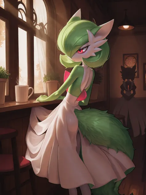 [char1=" (thin:1.2, slim:1.3) ,female, long black eyelashes, pink mascara, wears pink thin maid dress, gardevoir:1.2, pokemon, braxiens body mix:0.3, cute, high detailed, gardevoirs nose, hair on one eye, ,white fox anthro:0.1, like a waiterss, detailed ey...